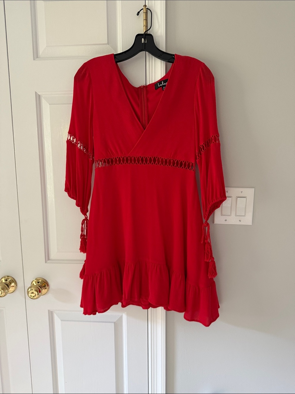 Lulu's Bold Red V-Neck Mini Dress with Tassel Trim